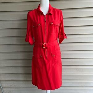 Red Shirtwaist Belted Dress with Gold Hardware